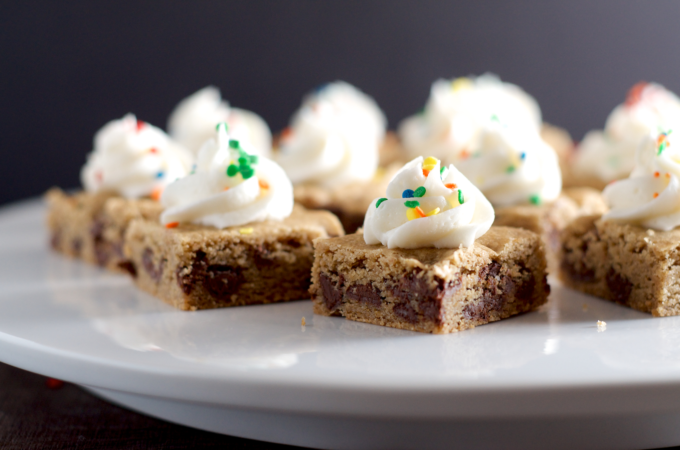 Thick and Chewy Chocolate Chip Cookie Bars with Buttercream Frosting 