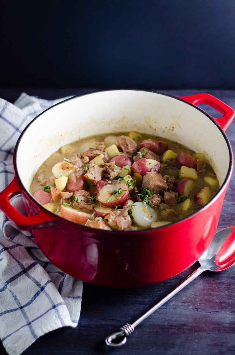 Pork Stew with Hard Cider, Pearl Onions and Potatoes